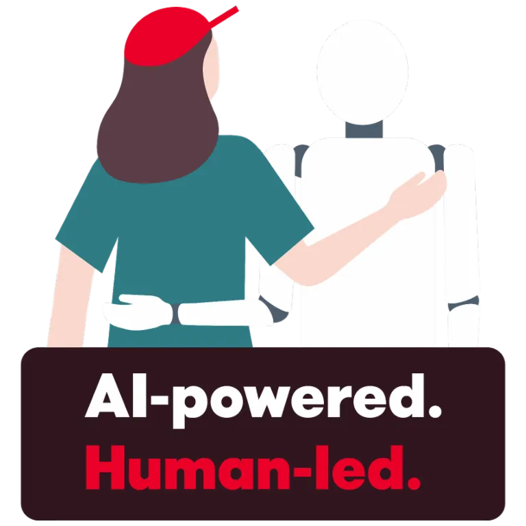 Una ilustración muestra a una persona que rodea amistosamente con su brazo a un robot. Debajo aparece el texto "AI-powered. Human-led.", que simboliza la colaboración entre humanos e inteligencia artificial.