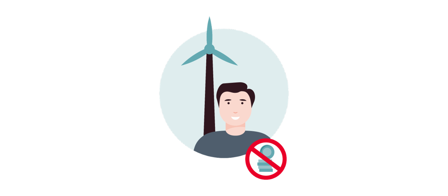 La infografía 1 muestra un aerogenerador como símbolo de un proveedor de energía, una persona —el empresario— y una pila de dinero tachada.