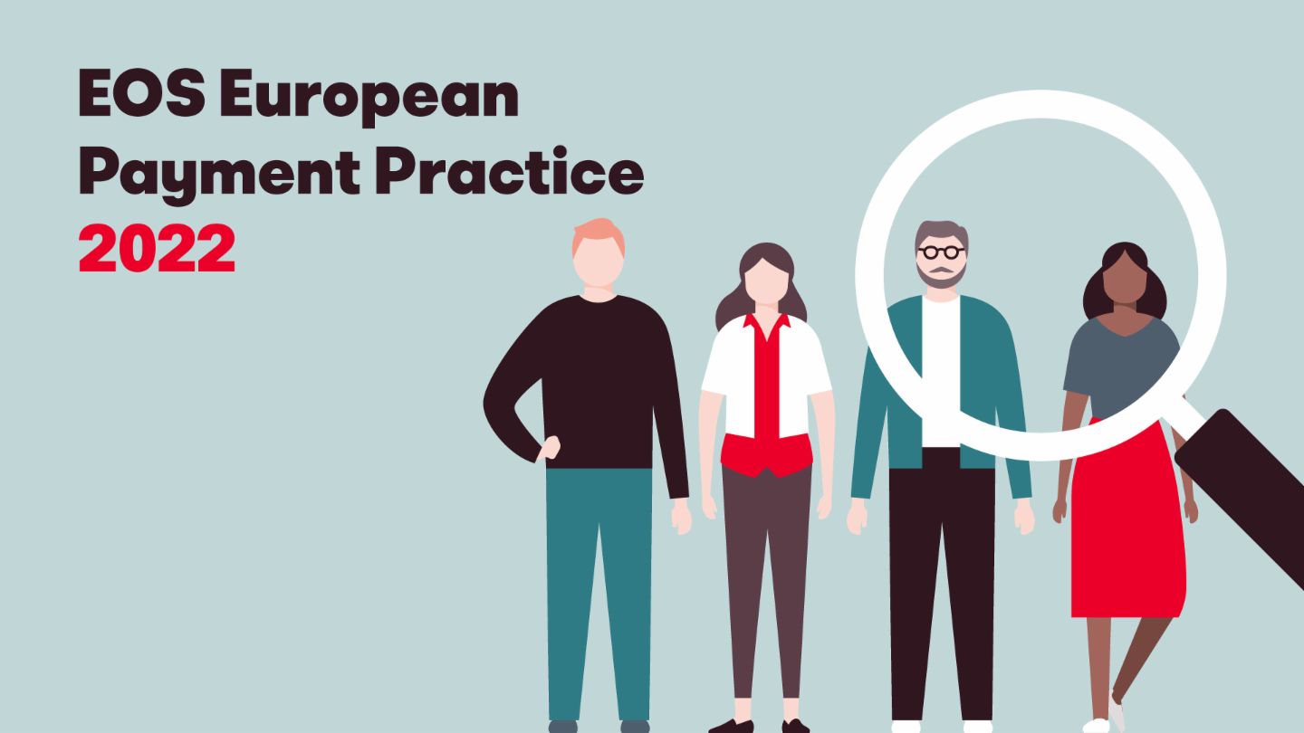 Ilustración que muestra a cuatro individuos diversos y una lupa, junto con el texto "European Payment Practise EOS study 2022". Esta imagen representa el estudio anual de EOS sobre el comportamiento y las tendencias de pago europeas.