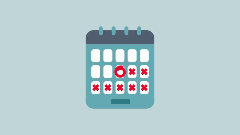Ilustración de un calendario con una fecha marcada seguida de días tachados con cruces rojas, que indican que no se cumplió con una fecha límite.