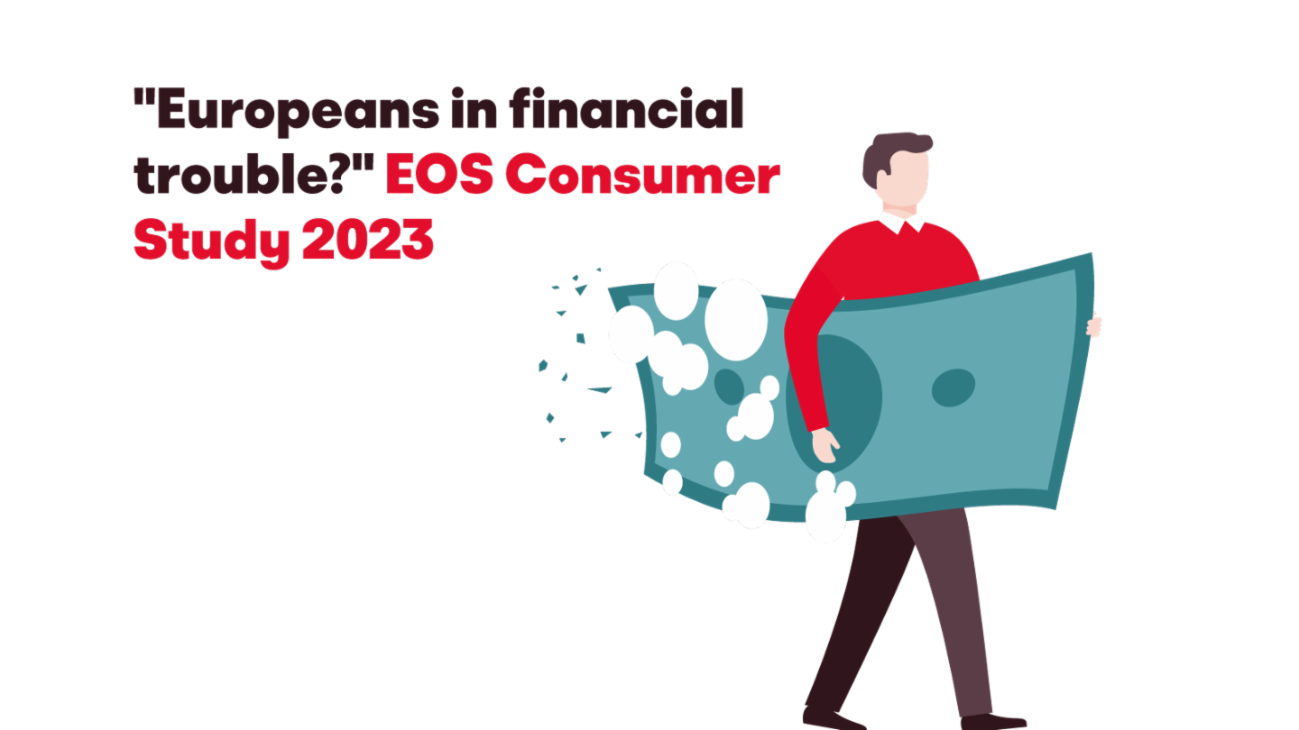 Ilustración de un hombre llevando un gran billete que se disuelve, con el texto '¿Europeos en problemas financieros? Estudio de Consumidores EOS 2023'.
