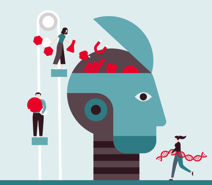 Ilustración de una cabeza siendo llenada de conocimiento por diferentes personas.