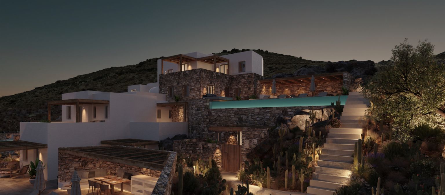 Foto de um complexo com várias vilas inacabadas em Mykonos que a EOS está reestruturando para atender aos padrões sustentáveis.
