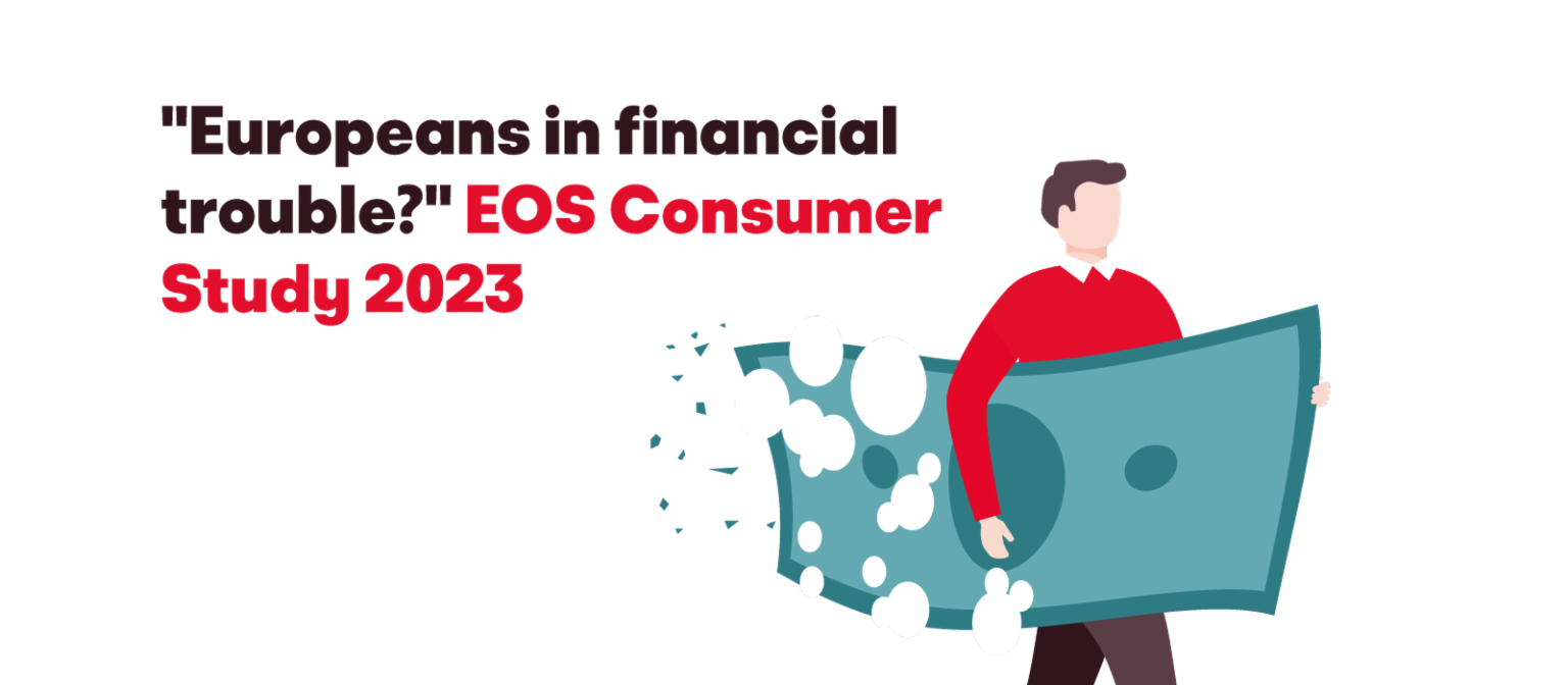 Ilustración de un hombre llevando un gran billete que se disuelve, con el texto '¿Europeos en problemas financieros? Estudio de Consumidores EOS 2023'.