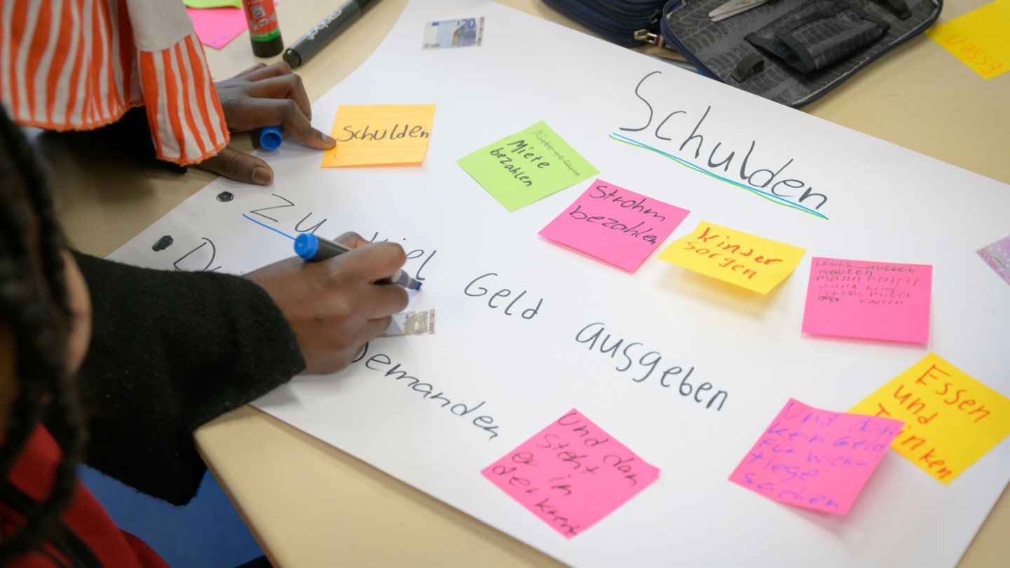 Financial education for children: Children make a poster about debt.