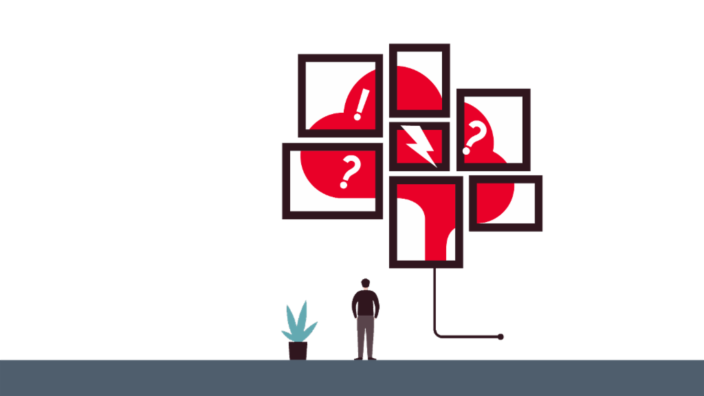Illustration of a picture showing a brain with many question marks inside. 