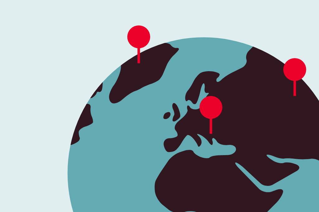 Ilustración estilizada de un globo con varios alfileres de color rojo encima de diferentes países