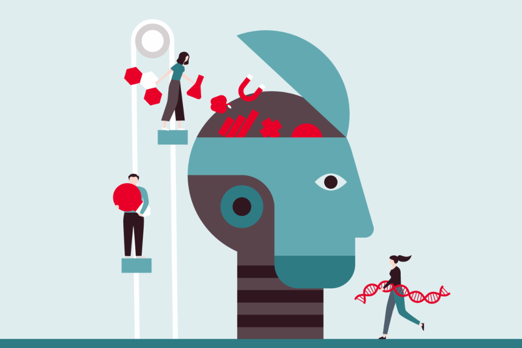 Ilustración de una cabeza siendo llenada de conocimiento por diferentes personas.